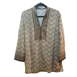 BELLA TU Beige Long Sleeve Mirrored Embroidered Tunic Split Neck Boho Blouse XL
